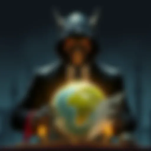A depiction of a shadowy figure with reptilian features in a business suit, surrounded by a globe and symbols of power, representing the conspiracy theory of shape-shifting aliens.