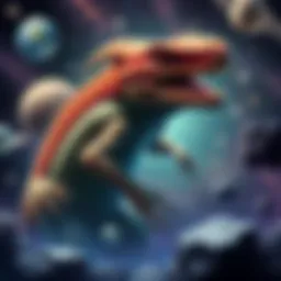 An artistic representation of a reptilian creature with human characteristics, set against a cosmic background with stars and planets.