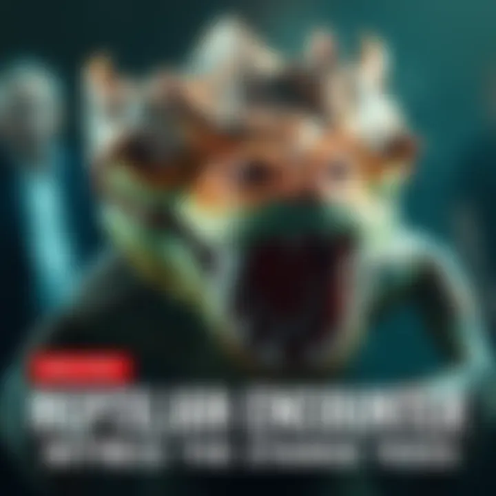A reptilian creature with sharp, unusual teeth is seen lurking in a shadowy environment, surprising onlookers.