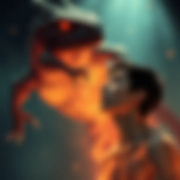 An illustration showing a human experiencing an astral projection with a reptilian figure in the background, highlighting the contrast between the two beings.