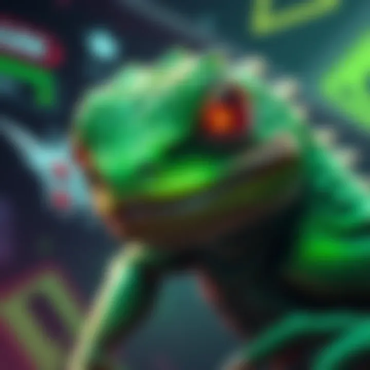 Reptilian Game Character A digital illustration of a reptilian game character with green scales and bright eyes, set against a game-themed background.