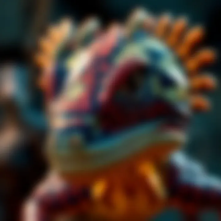 A close-up view of a unique reptilian helmet showcasing striking patterns and colors, capturing attention with its distinct design.