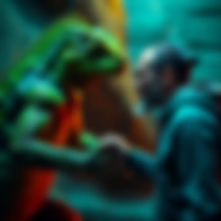 A Reptilian being with green scales shakes hands with a human in a friendly environment.