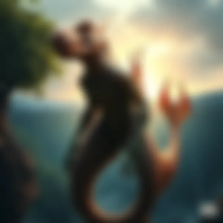 A depiction of a reptilian being alongside a merfolk creature, set against a lush forest and ocean background, representing ancient tales of their existence on Earth.