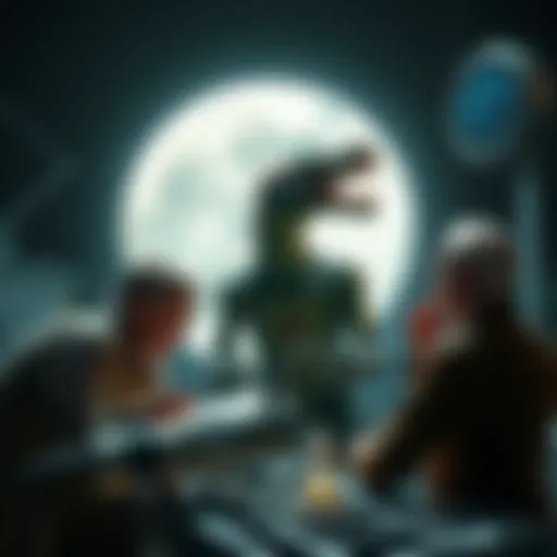 A depiction of a reptilian figure interacting with Nazi scientists, discussing moon base construction, with a backdrop of the moon and futuristic technology.