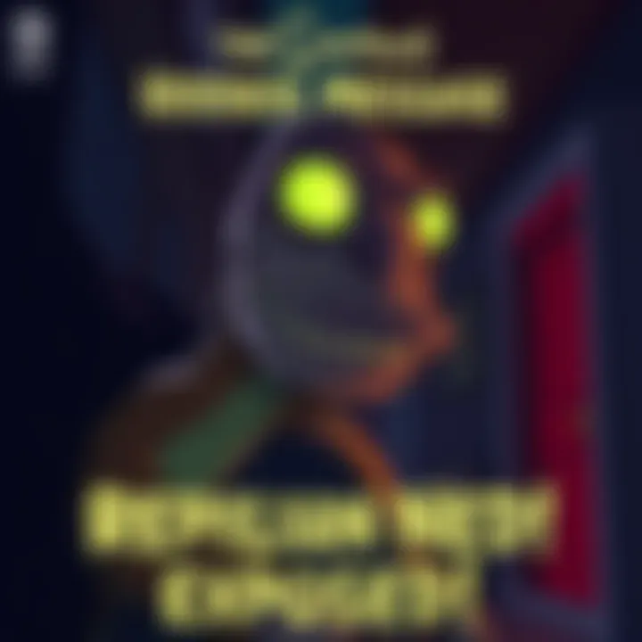 A cartoon character resembling Ned Flanders with reptilian features, lurking in a dark alley, eyes glowing green.