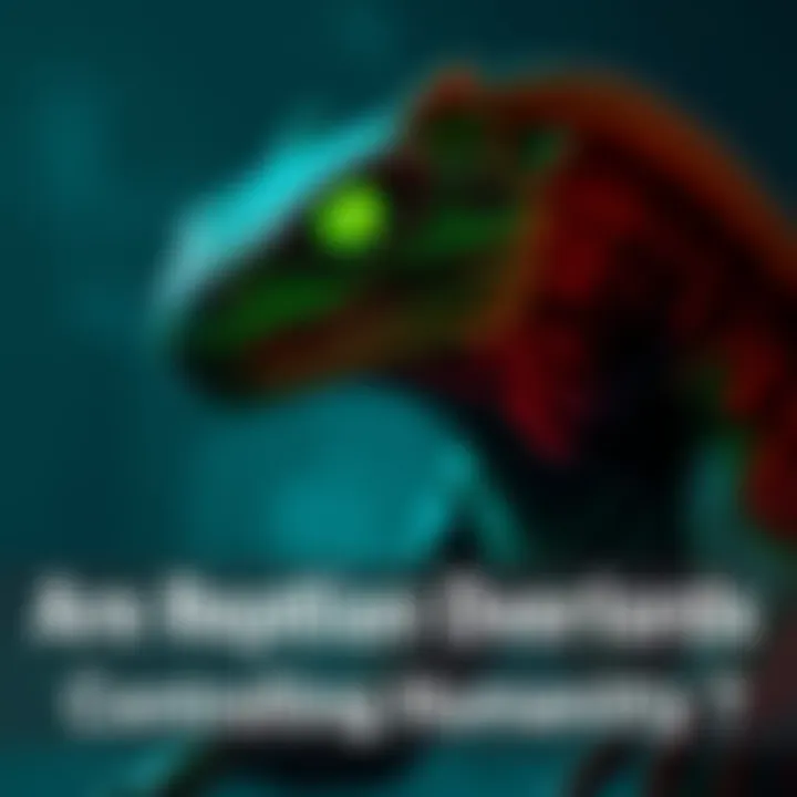 A reptilian humanoid figure with green scales and glowing eyes, set against a dark and mysterious background, symbolizing conspiracy theories about control over humanity.