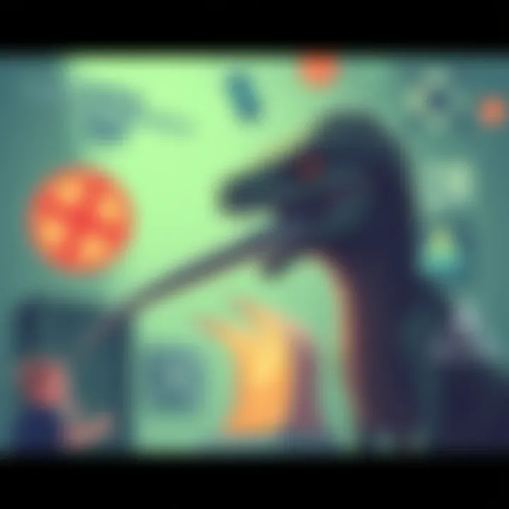 Illustration showing a reptilian creature with a long proboscis, surrounded by symbols representing alien theories and popular culture references.