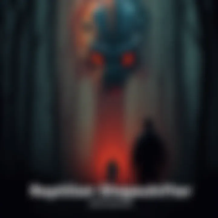 A person stands in a shadowy forest, facing a reptilian creature with glowing eyes, embodying both fear and awe.