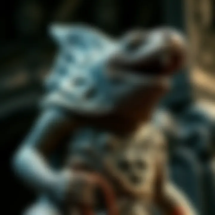 A detailed view of the Reptilian statue representing Morrop, the Peruvian afterlife deity, featuring iguana-like features and intricate carvings.
