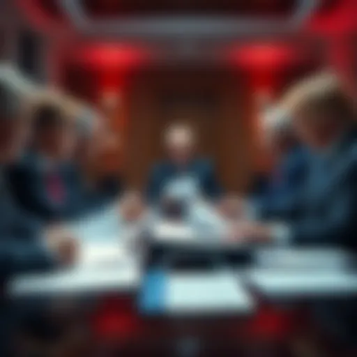 A group of Republican leaders discussing strategies in a conference room, with focus on Trump-related documents