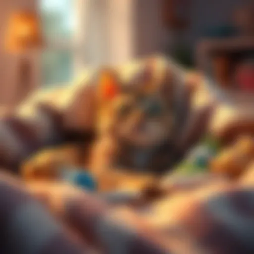 A happy rescue cat nestled in a cozy new bed, surrounded by toys and a welcoming family.