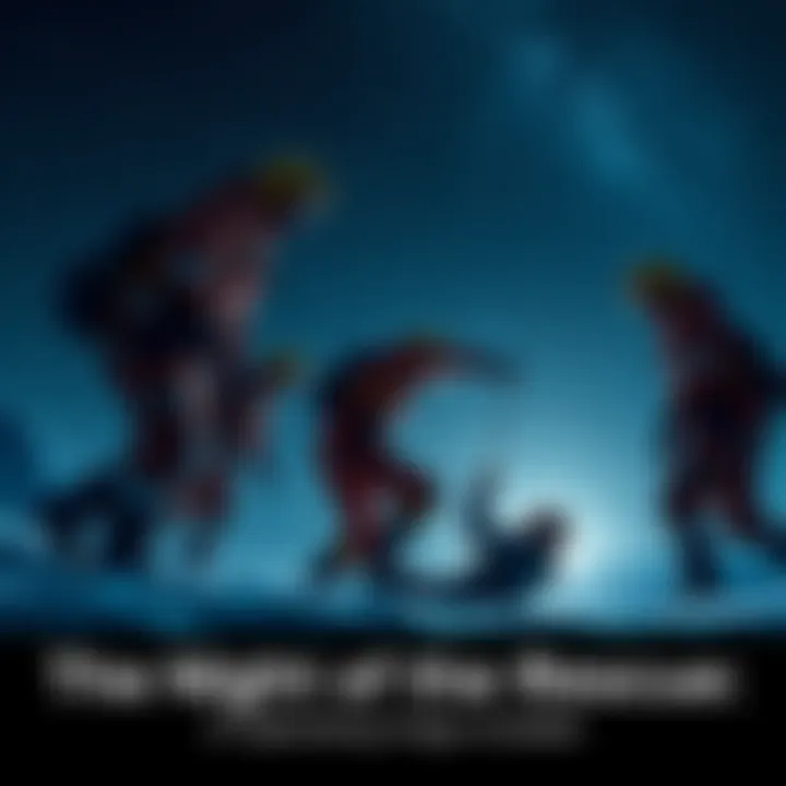 Rescue Scene at Night A dramatic rescue scene shows brave rescuers aiding a person in distress under a starry sky, capturing the spirit of heroism and hope.