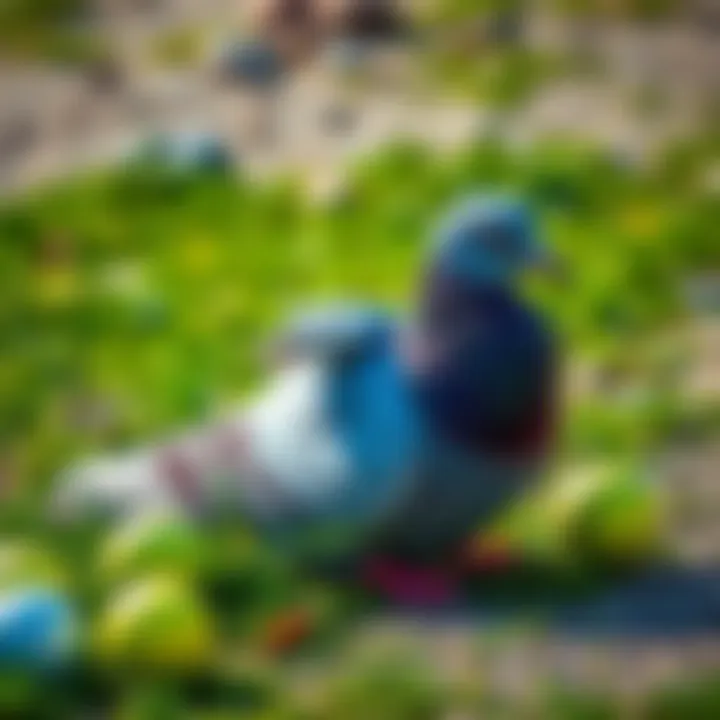 A wounded pigeon with a broken wing resting on the ground, surrounded by grass and golf balls.