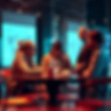 A diverse group of researchers engaged in a serious discussion about advanced topics, sharing notes and ideas in a collaborative environment.