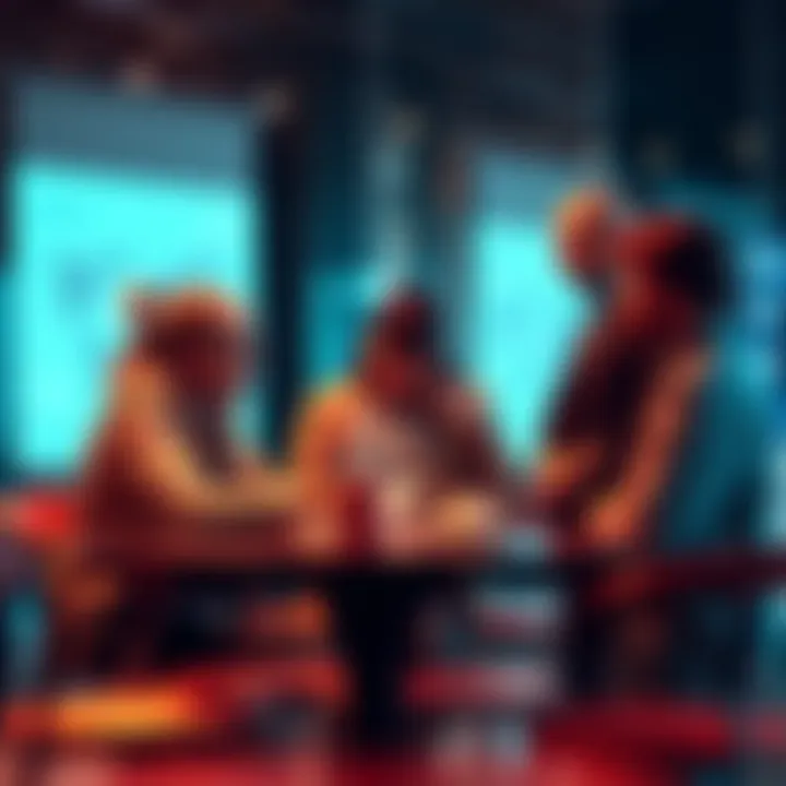 A diverse group of researchers engaged in a serious discussion about advanced topics, sharing notes and ideas in a collaborative environment.