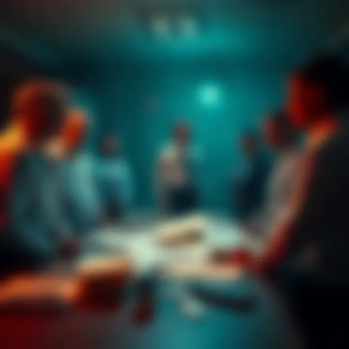 A group of scientists and FBI agents discussing serious matters in a dimly lit room with documents scattered around, symbolizing the investigation into suspicious deaths and disappearances.