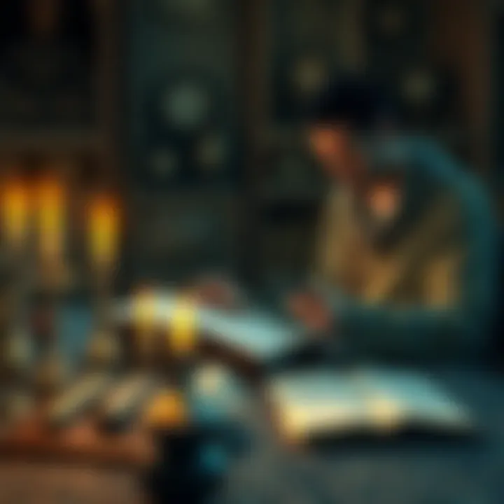 A person studying ancient texts and artifacts related to deities with candles and offerings on a table.