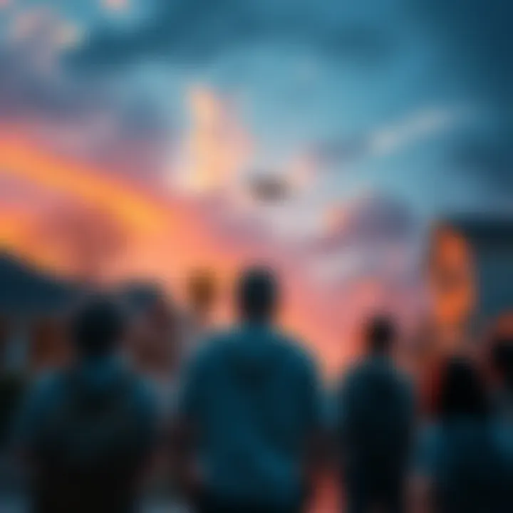 Group of people looking up at an unknown object flying over their neighborhood