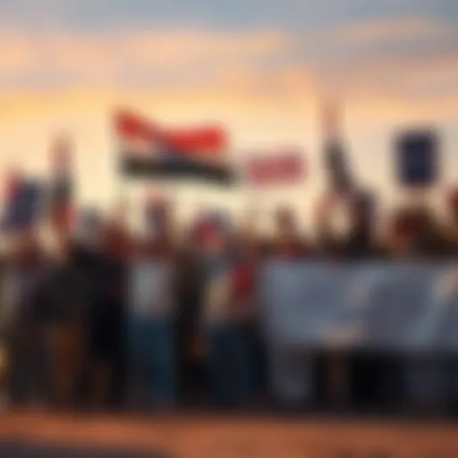 Group of Middle Eastern residents holding banners expressing their desire for peace and a life free from foreign interference