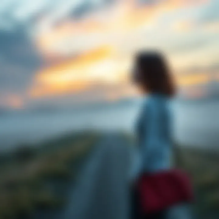 A young widow standing at a crossroads, contemplating her future with hope and determination in a serene landscape.