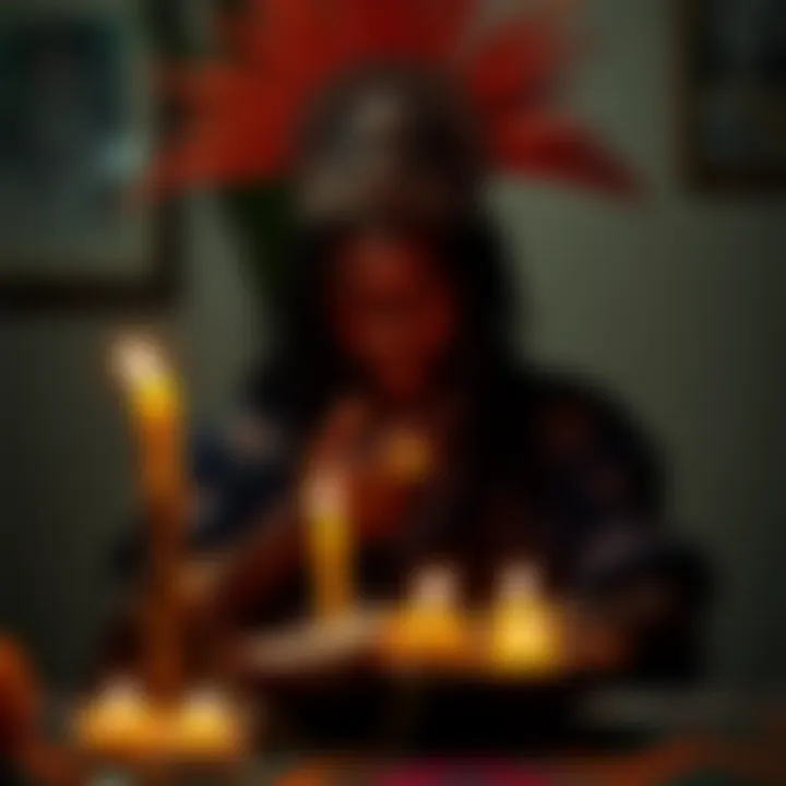A person performing a traditional ritual honoring Orishas with candles and offerings, reflecting deep cultural engagement.