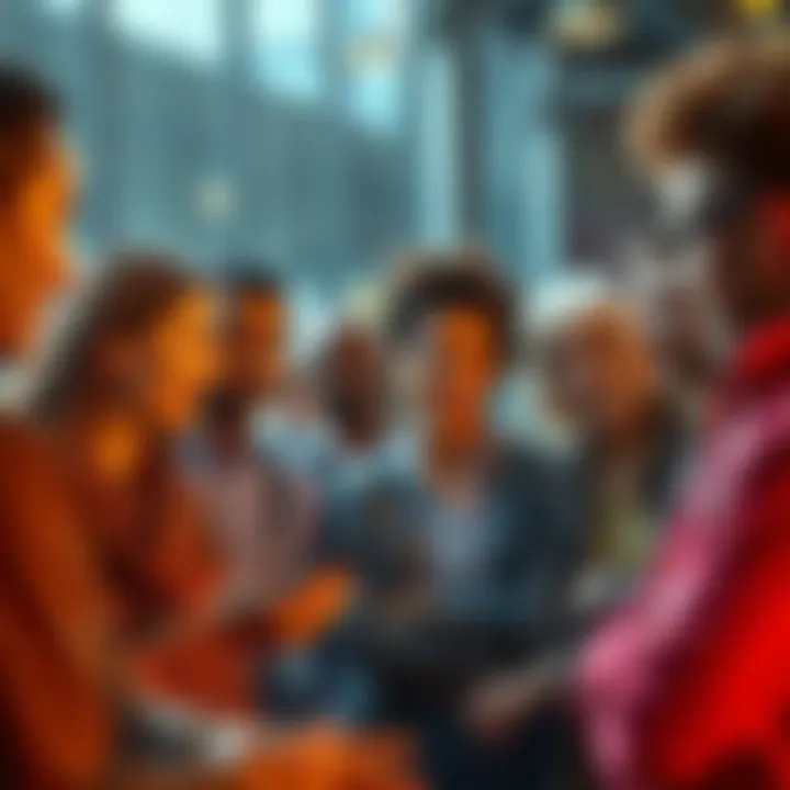 A group of diverse people engaged in a calm discussion about artificial intelligence, showing emotions like understanding and respect.