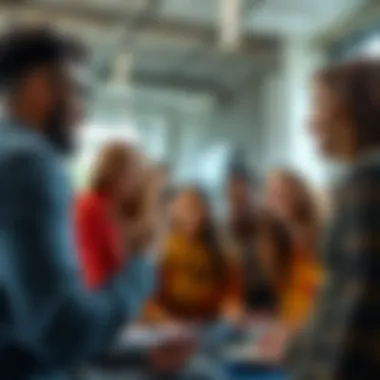 A group of diverse people engaging in a respectful conversation, showing supportive body language and positive expressions, promoting healthy dialogue.