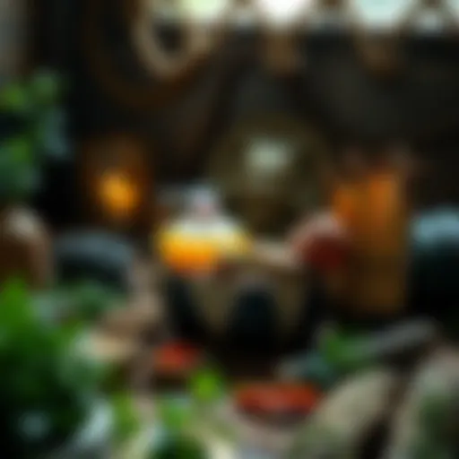 A serene altar with organic food offerings being placed in a respectful disposal container, surrounded by natural elements and greenery.