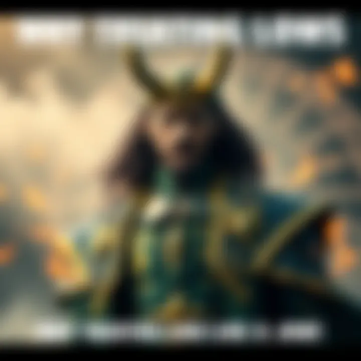 A powerful figure resembling Loki, with green and gold attire, looking serious and majestic rather than playful, surrounded by mystical symbols.