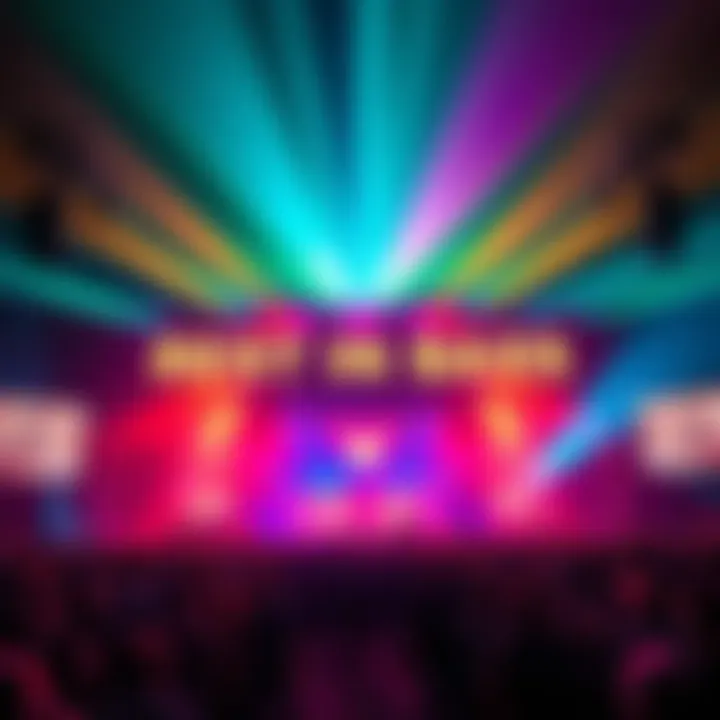 A vibrant concert stage with colorful lights and a cheering crowd, capturing the energy of the REST IN BASS Tour.
