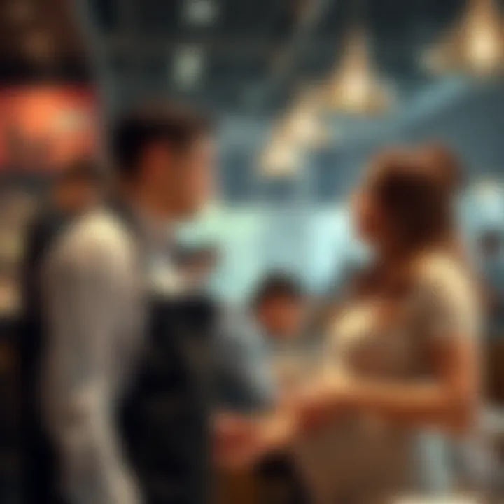 A restaurant worker listens intently to a pregnant woman, who appears to be sharing a serious warning. The setting is a busy restaurant with people in the background.