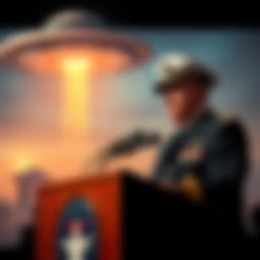 Retired Rear Admiral Tim Gallaudet speaking at a podium about UFO sightings and military observations