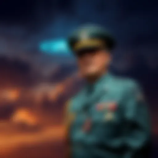 A retired Air Force major general stands in front of a mysterious, darkened sky with a UFO silhouette visible.