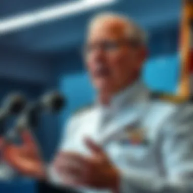 Retired Navy admiral speaking at a press conference about UFOs and non-human intelligence, gesturing passionately