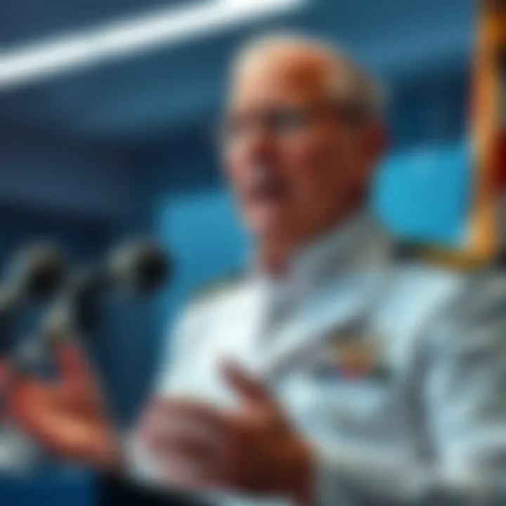 Retired Navy admiral speaking at a press conference about UFOs and non-human intelligence, gesturing passionately