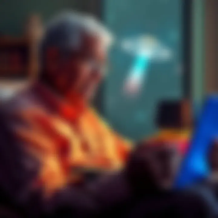 Person researching UAPs A retiree studying UAPs with books and a laptop, showing dedication to understanding UFO phenomena.