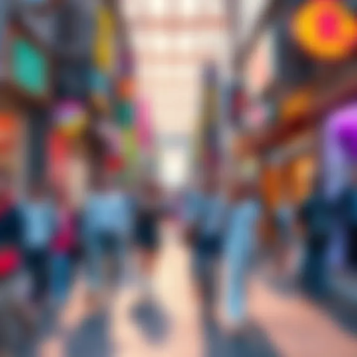 Retro 90s and 2000s Scene A vibrant street scene filled with people enjoying classic activities from the late 90s and early 2000s, featuring popular fashion styles and iconic gadgets of the era.
