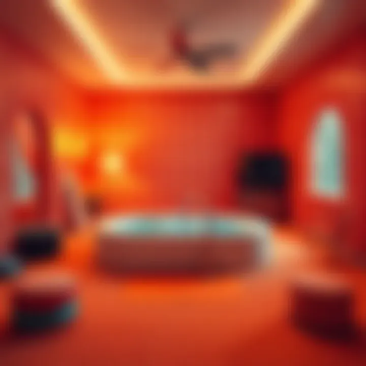 A vintage hot tub room featuring orange carpeting and unique raised flooring from the 70s, creating a nostalgic atmosphere.