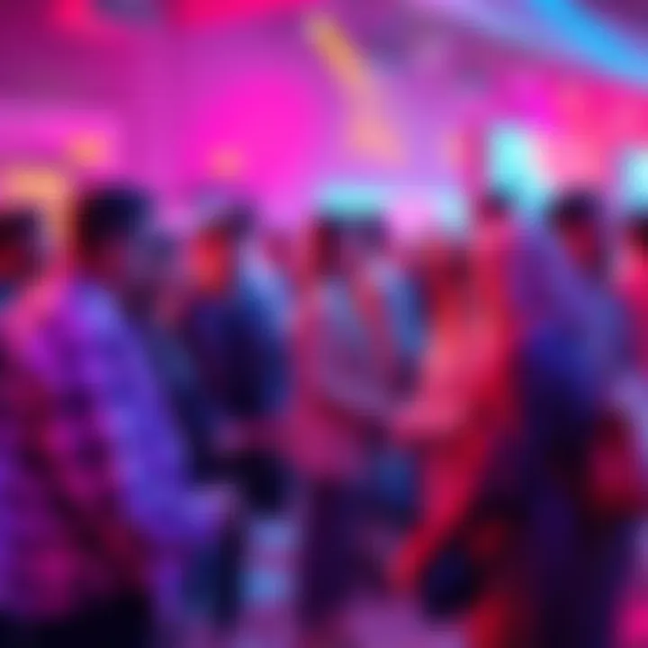 A group of retro influencers from various eras reconnecting at a vibrant event, showcasing fashion and themes from past decades.