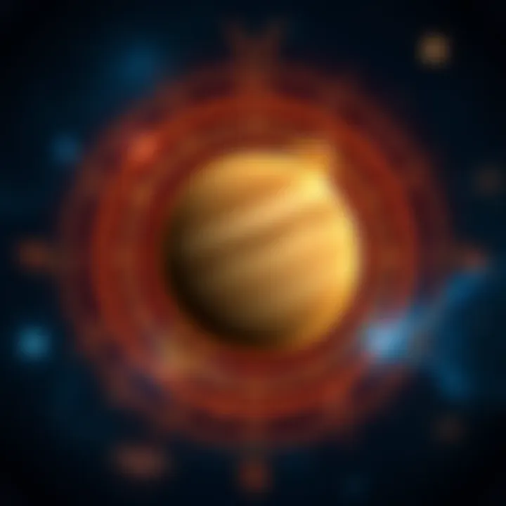 A visual representation of a retrograde planet symbol in astrology, surrounded by zodiac signs and astrological symbols, illustrating its significance as Atmakaraka in Jaimini astrology.