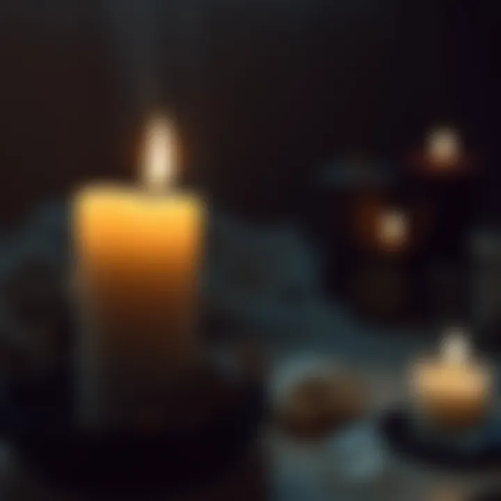 A pair of candles in a dimly lit room, one white and one black, symbolizing return to sender spells, with herbs and crystals around them.