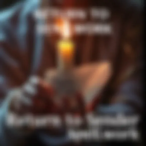 A person lighting a candle and surrounding it with protective crystals while holding a piece of paper with negative energy written on it, symbolizing the Return to Sender spellwork process.