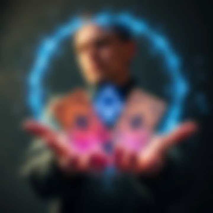 A person holding runes and sigils with a protective aura around them, symbolizing the safe return of negative energy