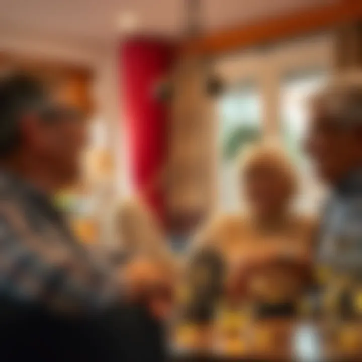 A person looks surprised and happy while talking with family friends they haven't seen in years. The scene shows a cozy living room with warm lighting, conveying a sense of joy and nostalgia.