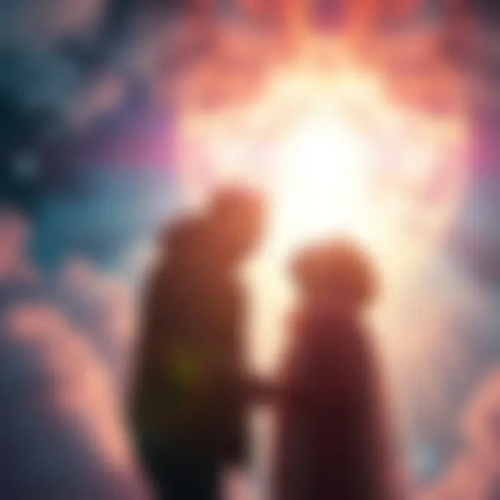 A person confronting their abusive parent in a bright, ethereal setting during a near-death experience.