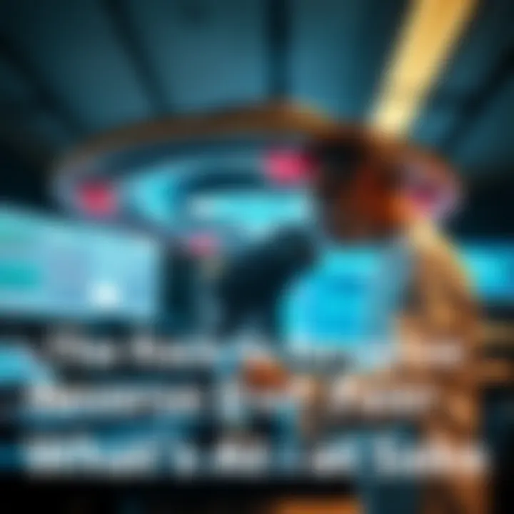 A scientist examines a futuristic UFO craft in a lab, surrounded by advanced technology and screens displaying data.