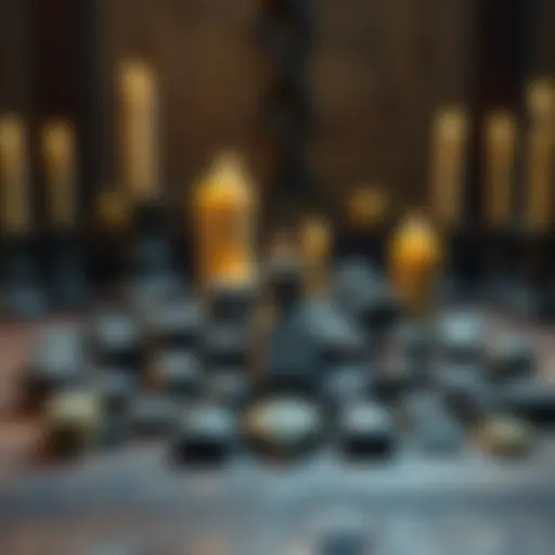 A collection of runes displayed upside down on a wooden table, showcasing their unique shapes and symbols, with some candles in the background for a mystical feel.
