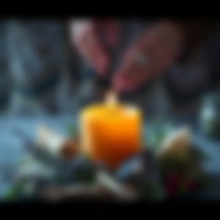 A burning candle surrounded by herbs and crystals, symbolizing the process of reversing a love spell