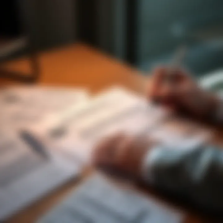 A person filling out a W-4 tax form at a desk with financial documents around.